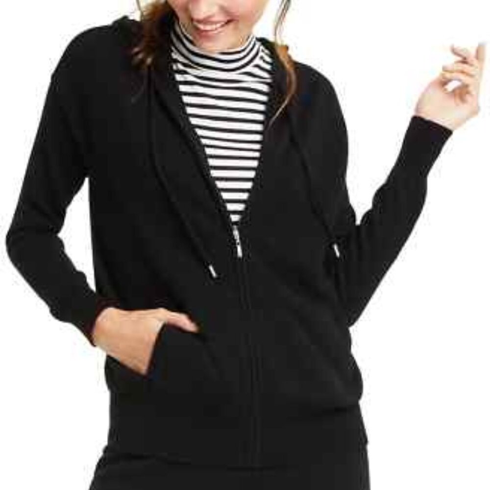 Charter Club Black Hooded Cashmere Zip Front Sweater